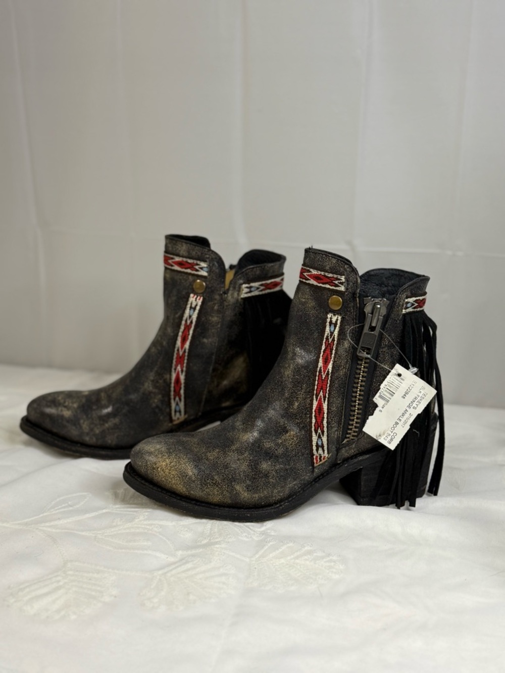 NWT Corral Distressed Black Fringe Ankle Boots with Southwestern Trim